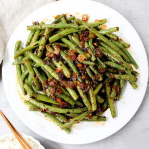 overview shot of entire plate of string beans