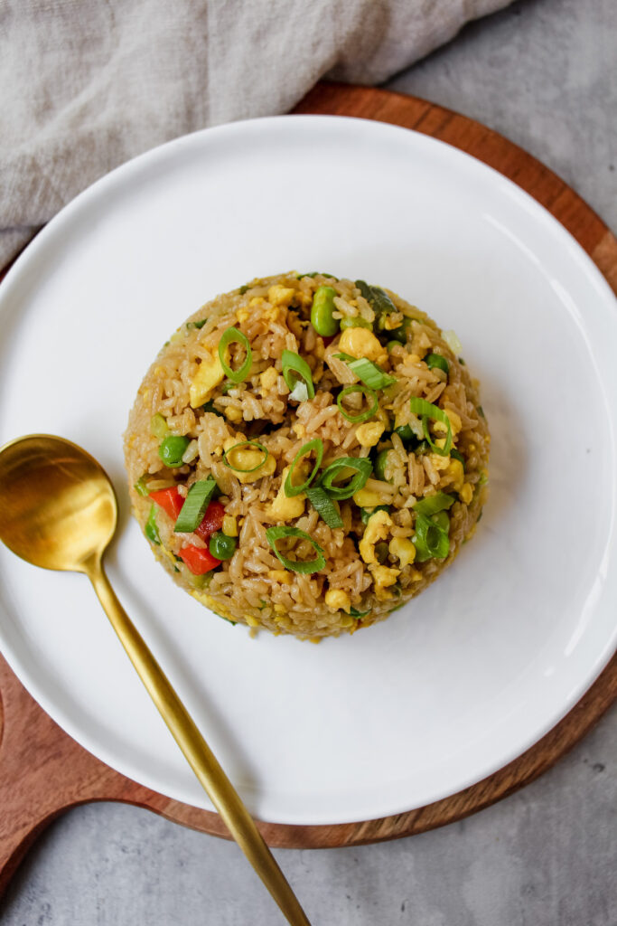 overview shot of vegan egg fried rice on a plate