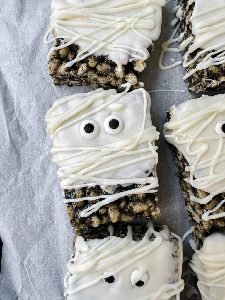 photo of a black sesame mummy rice krispie treat