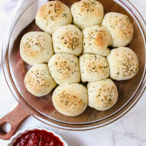 overview shot of entire pan of pizza bites