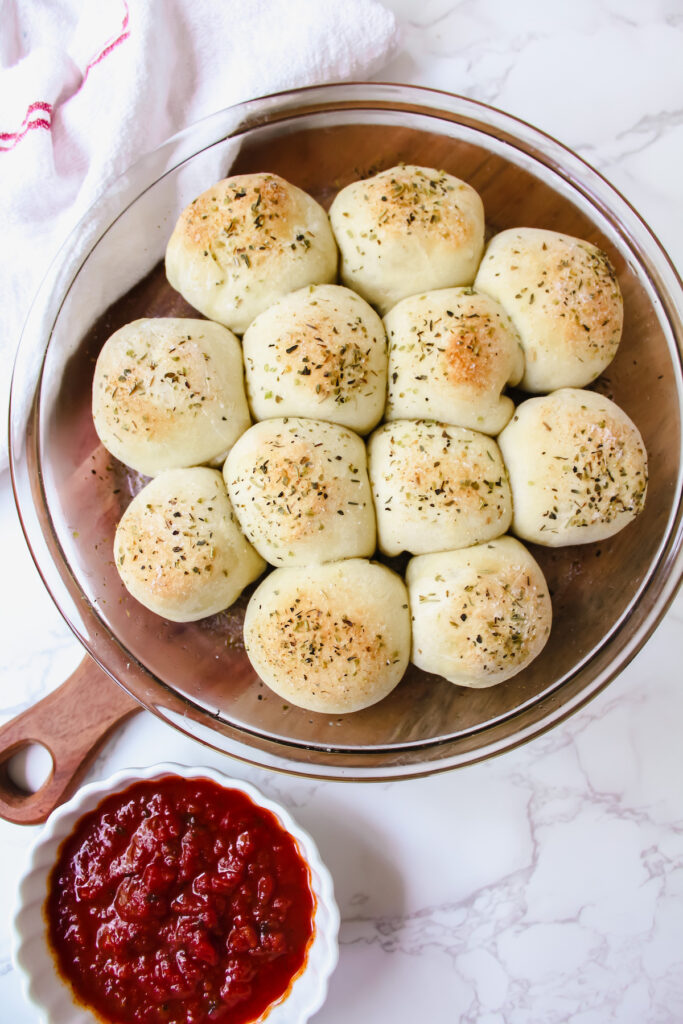 overview shot of entire pan of pizza bites