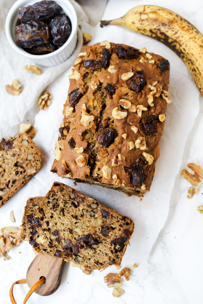 overview shot of banana bread with some slices cut