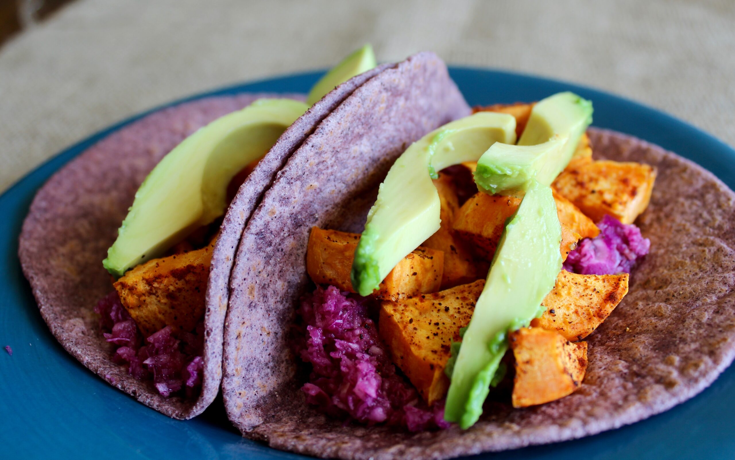 Sweet Potato Tacos with Red Cabbage Apple Slaw