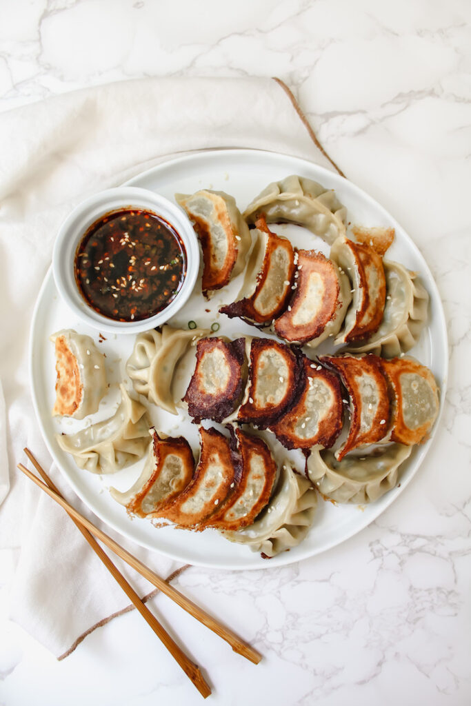 overview shot of entire plate of the best vegetable potstickers