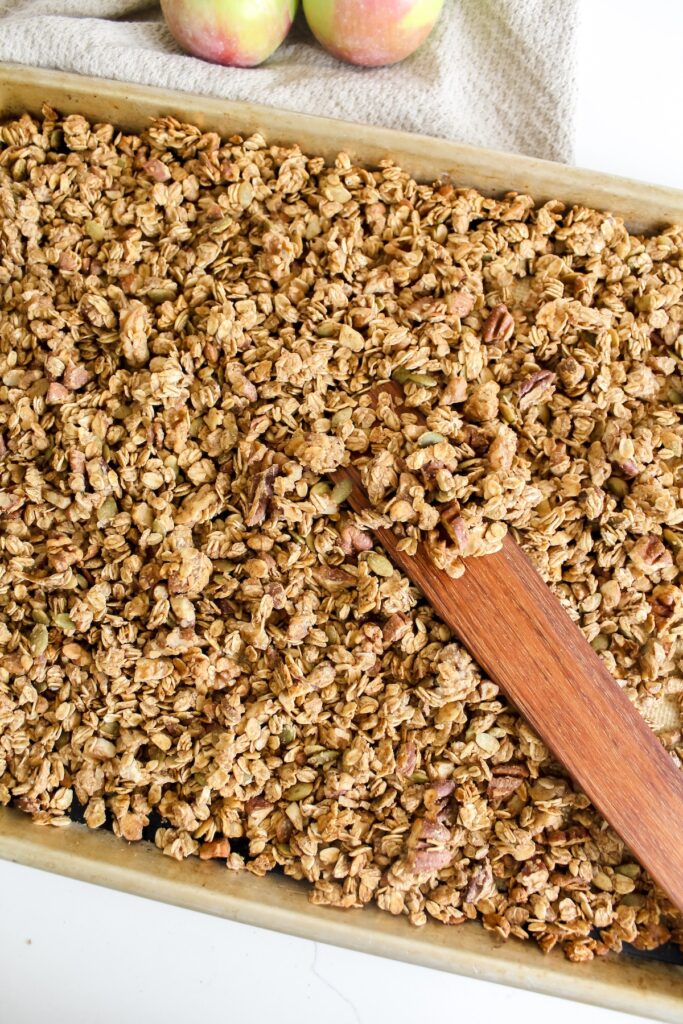 overview of pan of granola with spatula in it