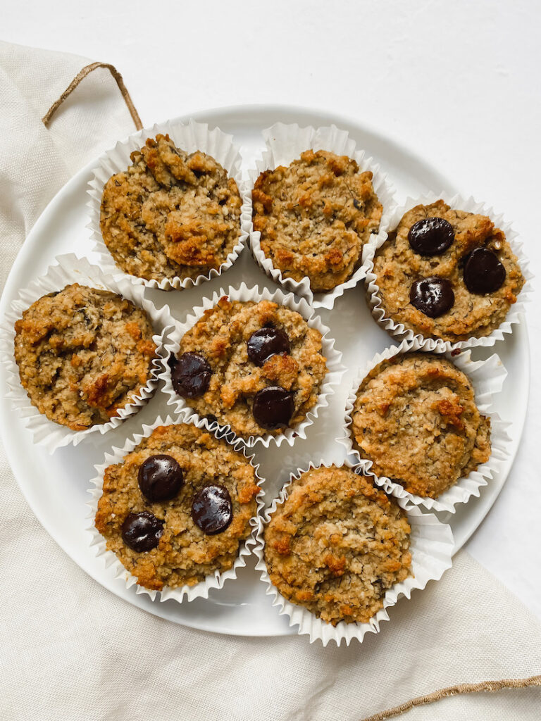 overview shot of whole plate of flax almond flour banana muffins