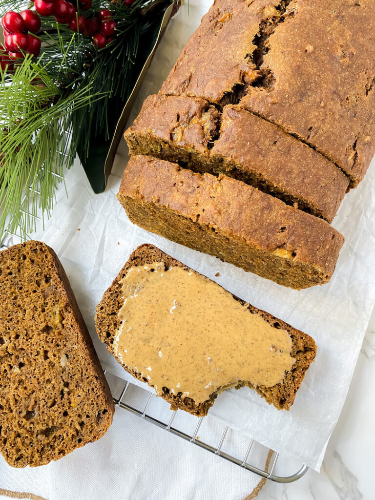 slice of gingerbread banana bread with peanut butter on top