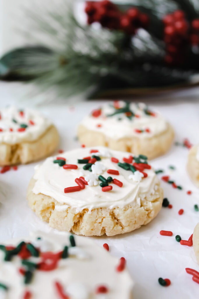 close up shot of soft baked sugar cookie with sprinkles