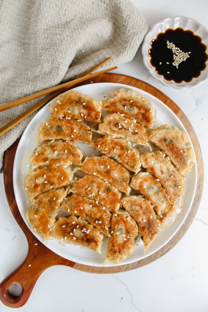 plate of the golden bottoms of the potstickers
