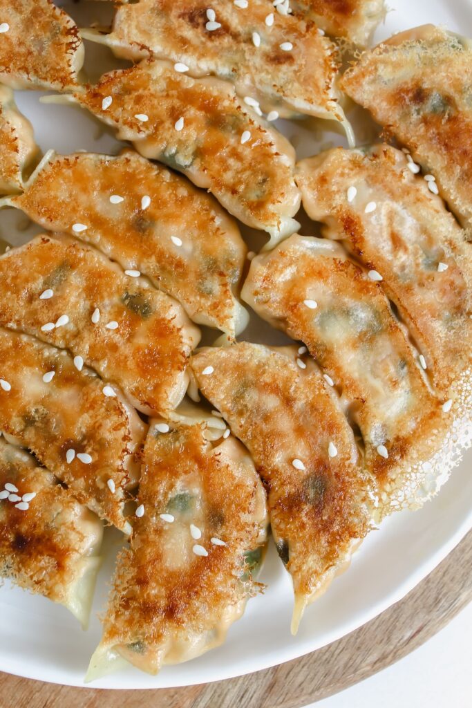 close up of bottoms of 
potstickers