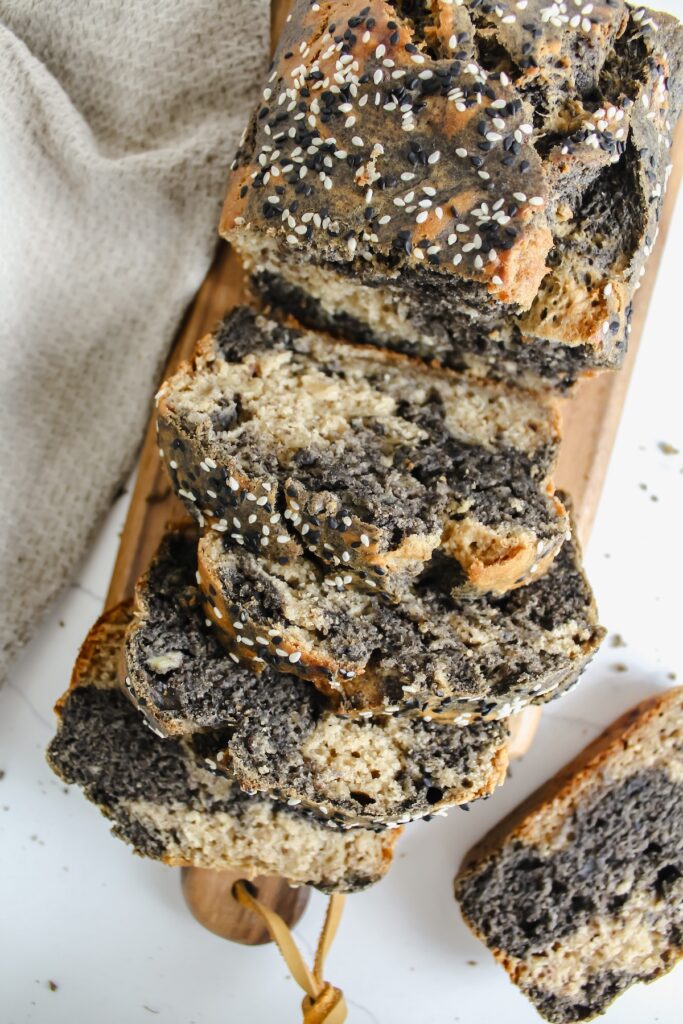 sliced marbled black sesame banana bread 