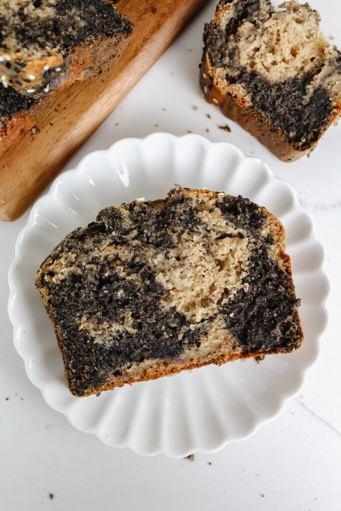 slice of banana bread on a white plate