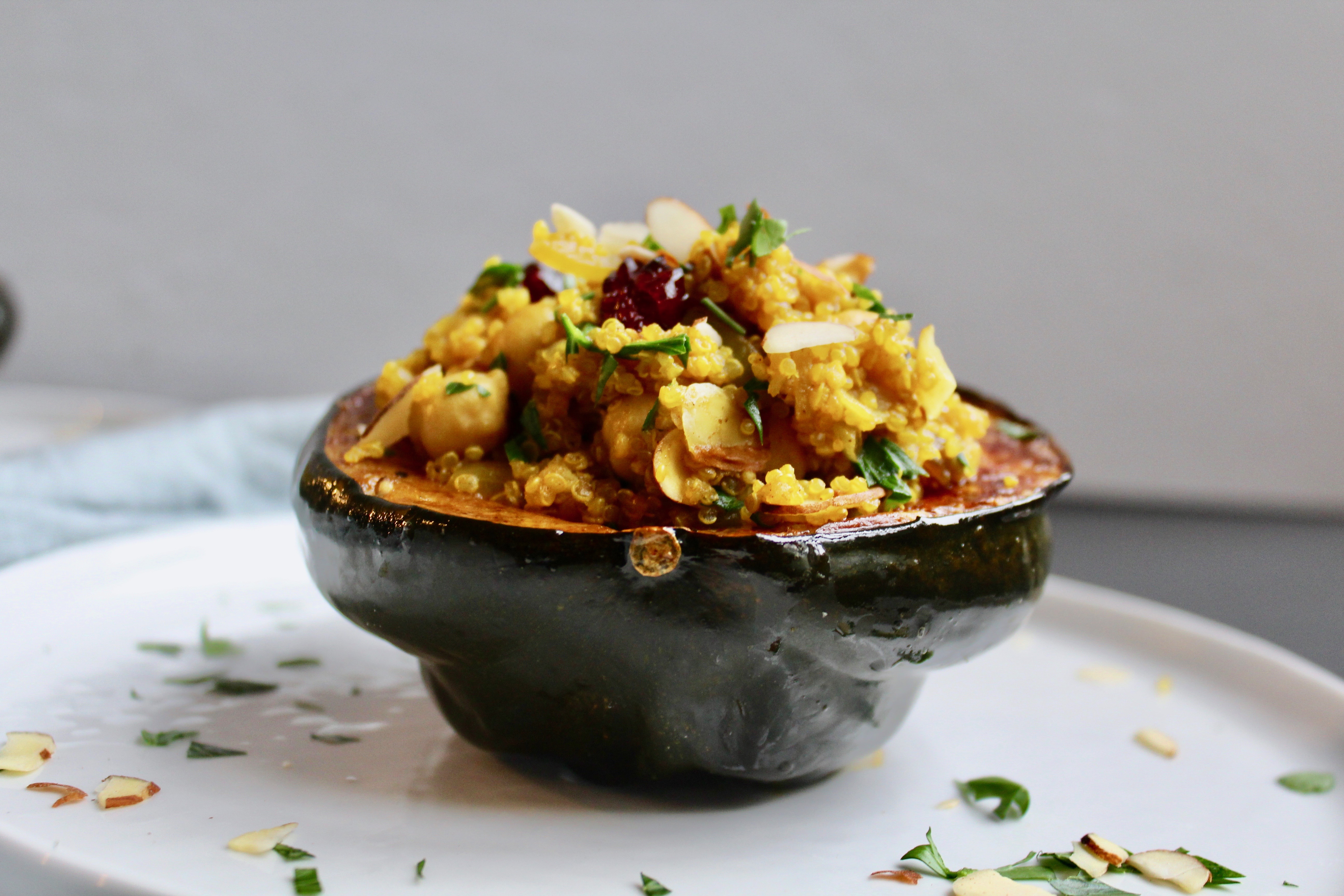 Moroccan Quinoa Salad Stuffed Acorn Squash (vegan, gf)