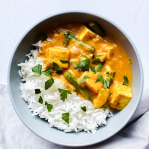 overview shot of a bowl of thai pumpkin curry