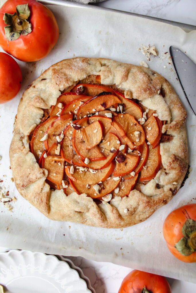 overview shot of entire chocolate hazelnut persimmon galette 