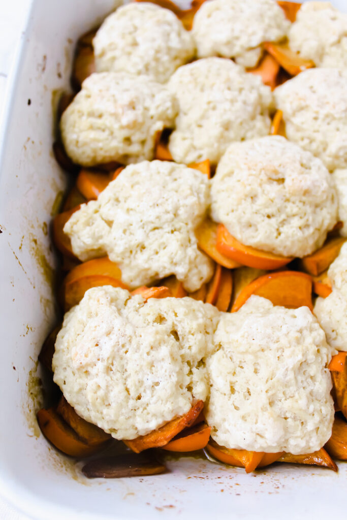 close up of persimmon cobbler in the pan