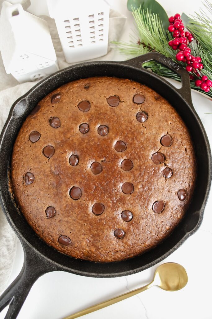 overview shot of gingerbread skillet cake without the caramel sauce