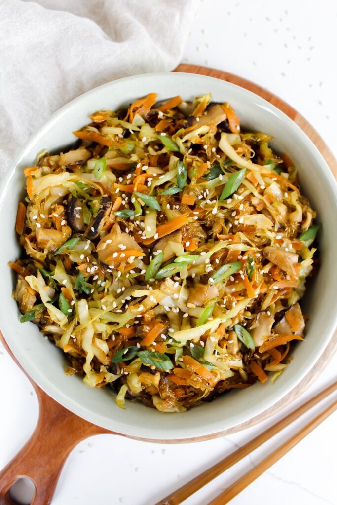 overview shot of egg roll in a bowl