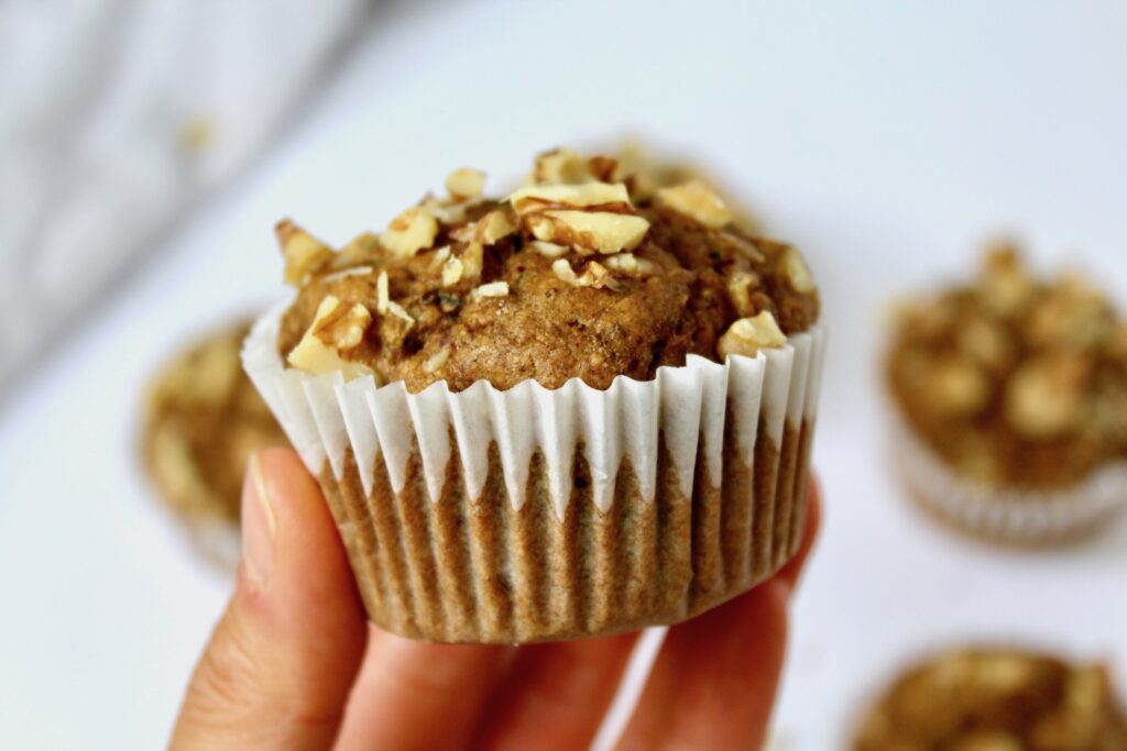 Sourdough Zucchini Banana Walnut Muffins (vegan, refined sugar free)