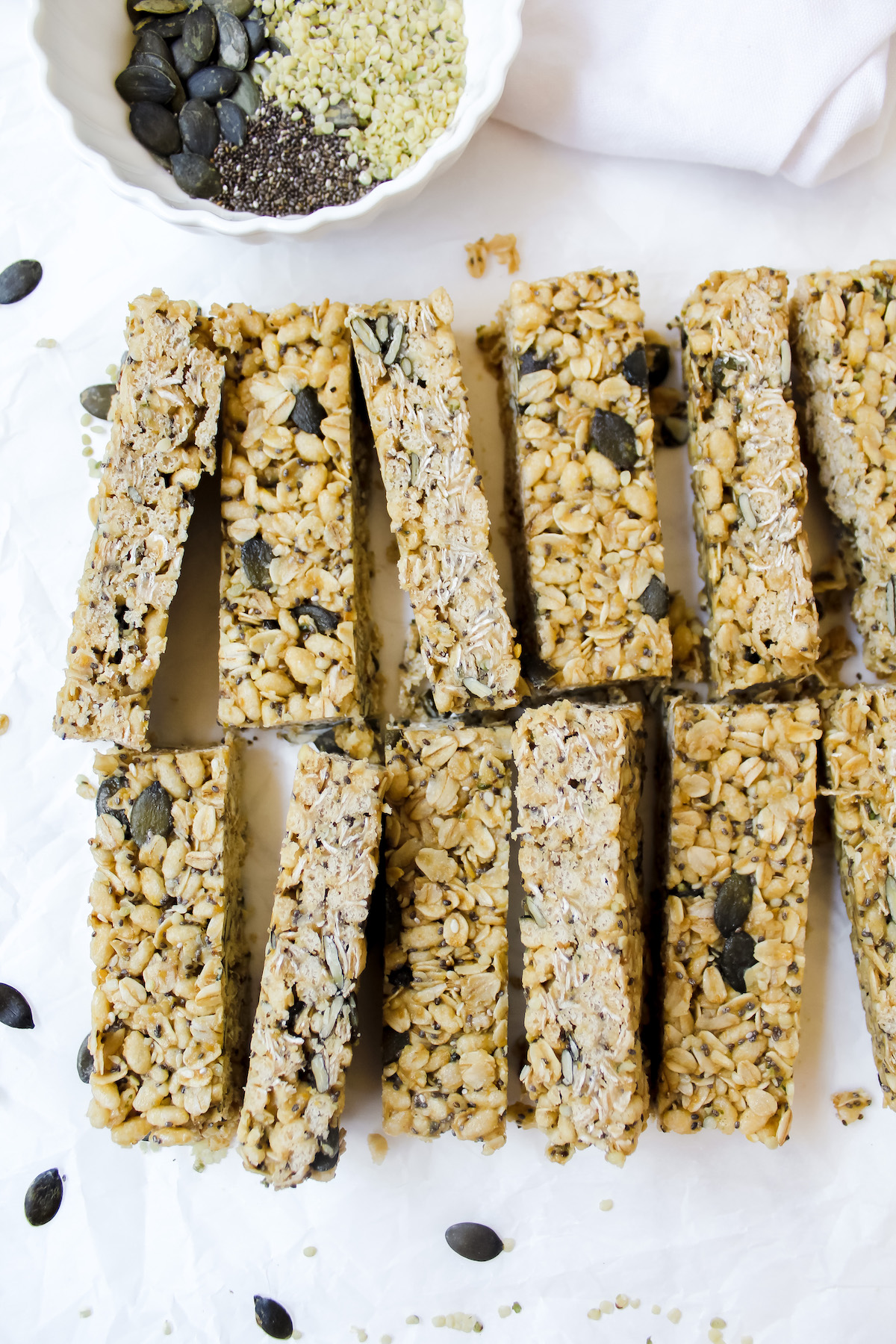 overview shot of granola bars with some flipped on it's side