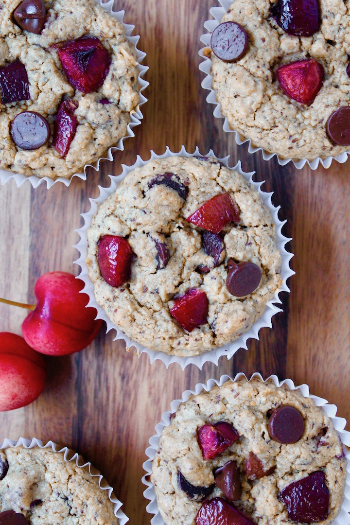 Healthy Cherry Chocolate Chip Oat Muffins (vegan, gluten-free, refined sugar free)