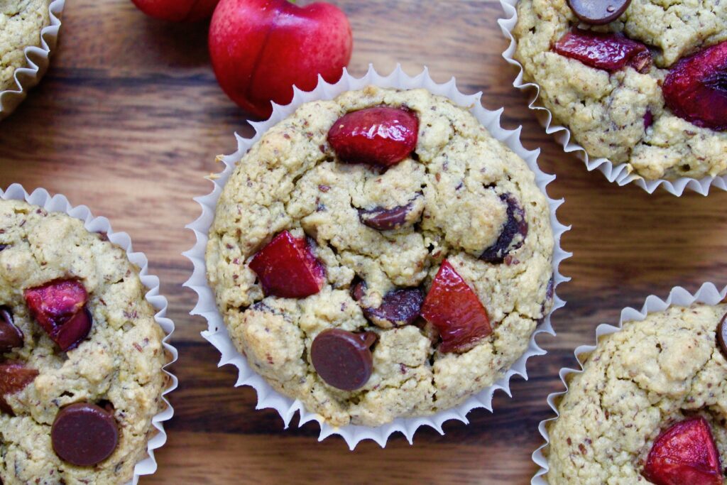 Healthy Cherry Chocolate Chip Oat Muffins (vegan, gluten-free, refined sugar free)