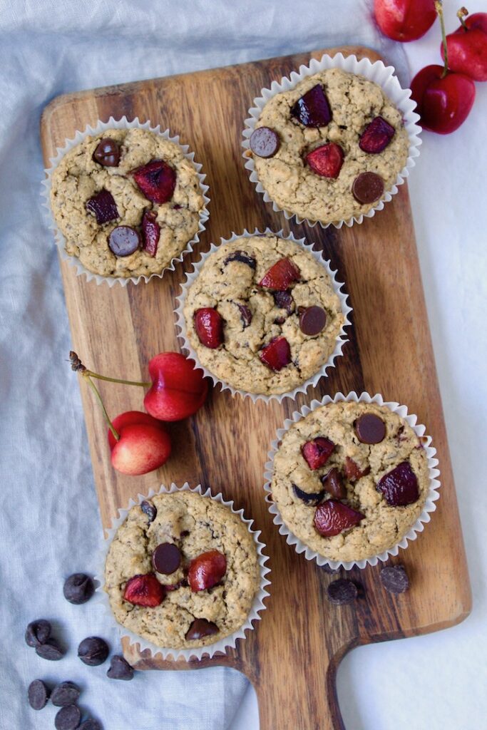 Healthy Cherry Chocolate Chip Oat Muffins (vegan, gluten-free, refined sugar free)