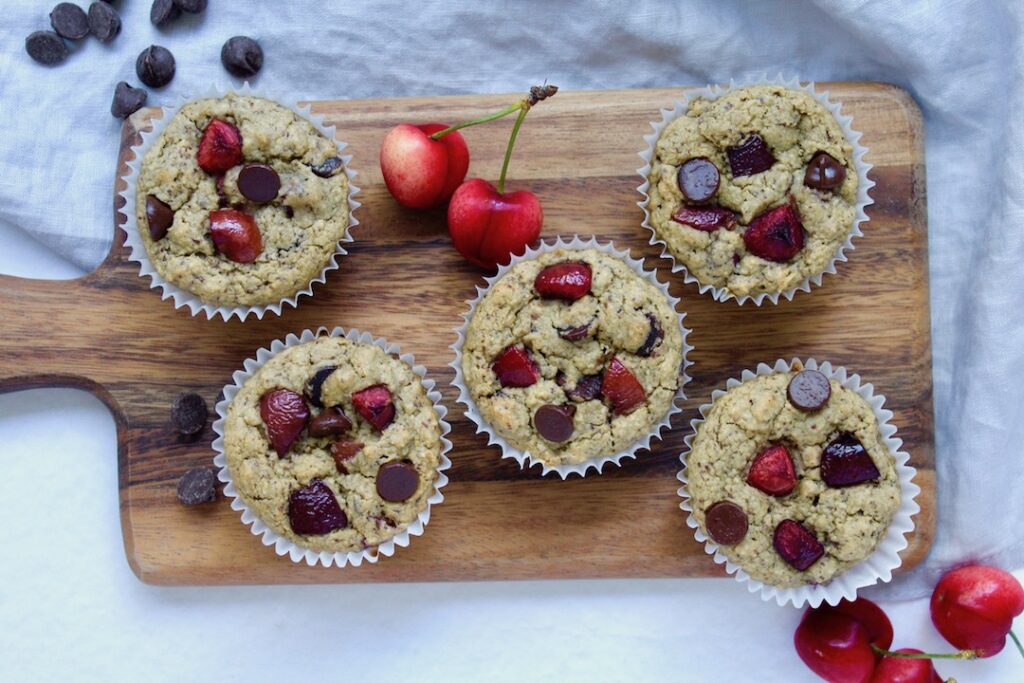 Healthy Cherry Chocolate Chip Oat Muffins (vegan, gluten-free, refined sugar free)