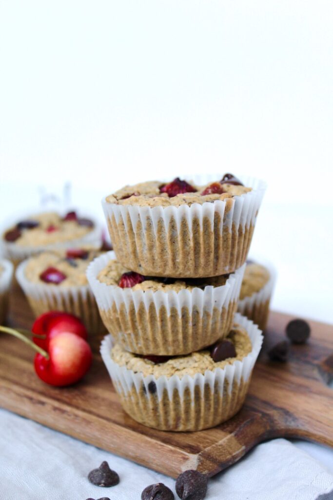 Healthy Cherry Chocolate Chip Oat Muffins (vegan, gluten-free, refined sugar free)