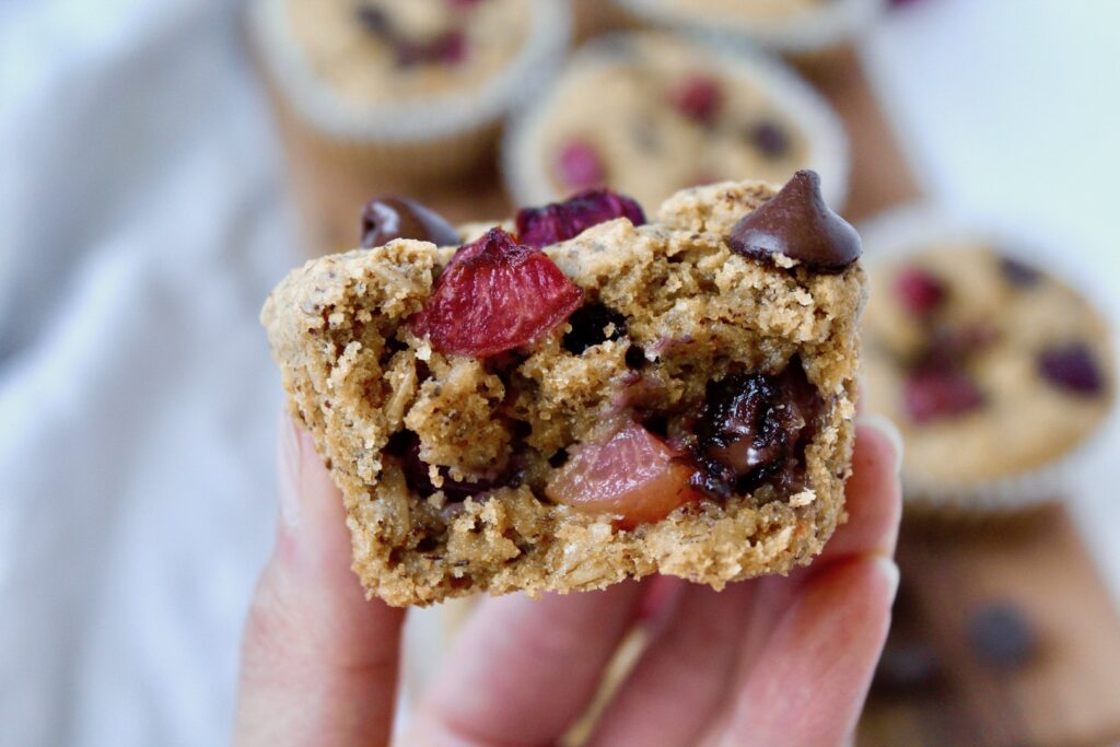 Healthy Cherry Chocolate Chip Oat Muffins (vegan, gluten-free, refined sugar free)