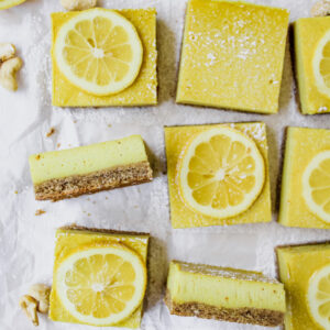 shot of slices of lemon bars with some on it's side