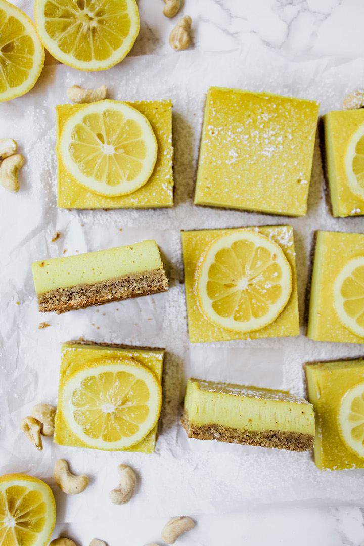 shot of slices of lemon bars with some on it's side