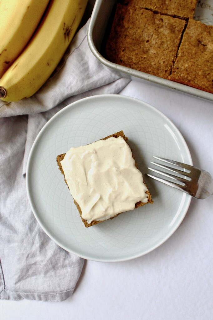 Healthy Banana Snack Cake (vegan, gluten-free, refined sugar free)