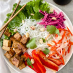 overview close up shot of Vietnamese vermicelli tofu bowls