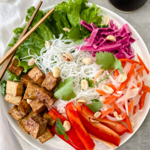 overview close up shot of Vietnamese vermicelli tofu bowls