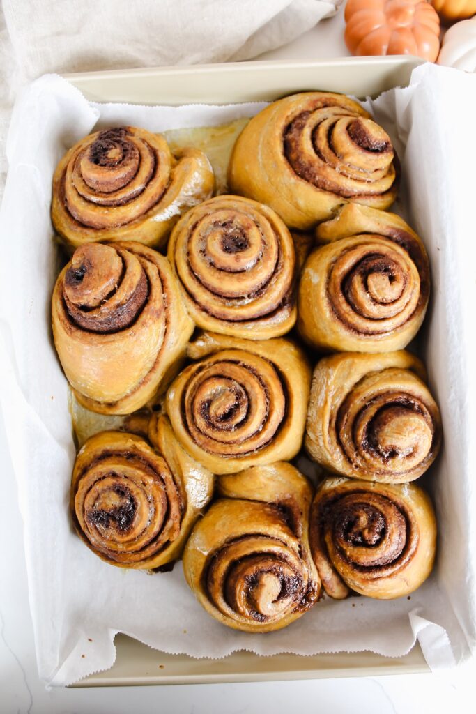 overview shot of cinnamon rolls without glaze