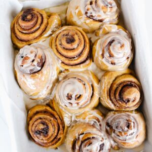 overview shot of pan of pumpkin cinnamon rolls
