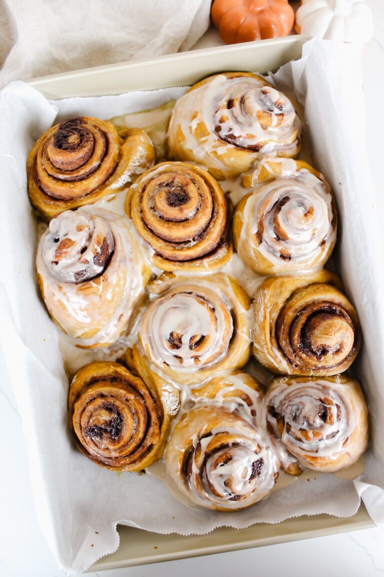 overview shot of pan of pumpkin cinnamon rolls
