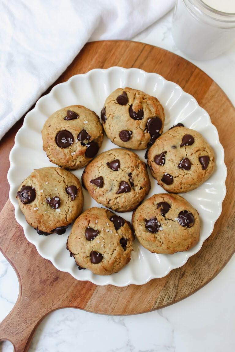 overview shot of a plate of chickpea flour chocolate chip cookies