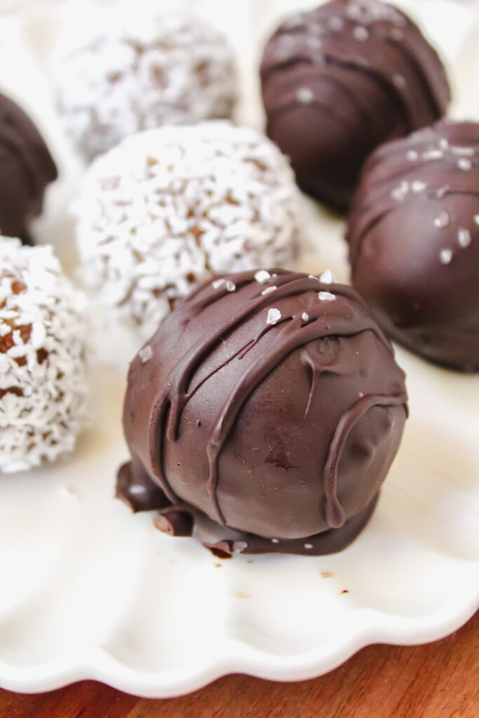 angled close up of chocolate covered truffle