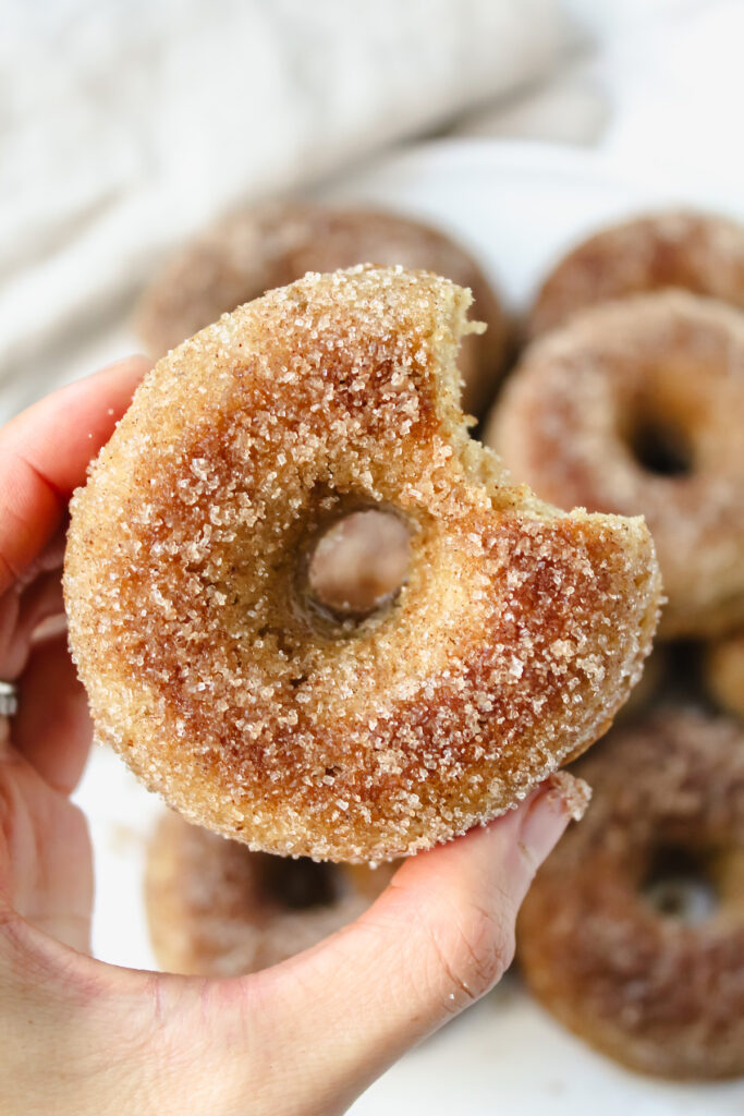 hand holding a baked vegan apple cider donut with a bite taken out