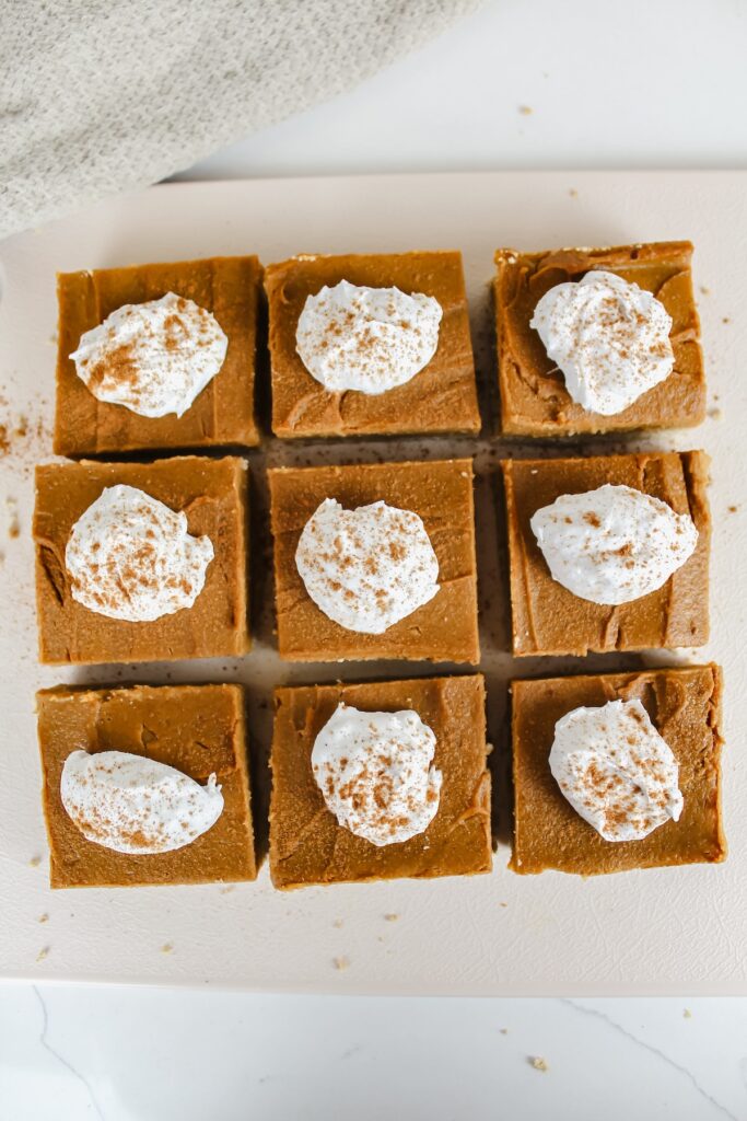 overview shot of sliced healthy sweet potato pie bars 