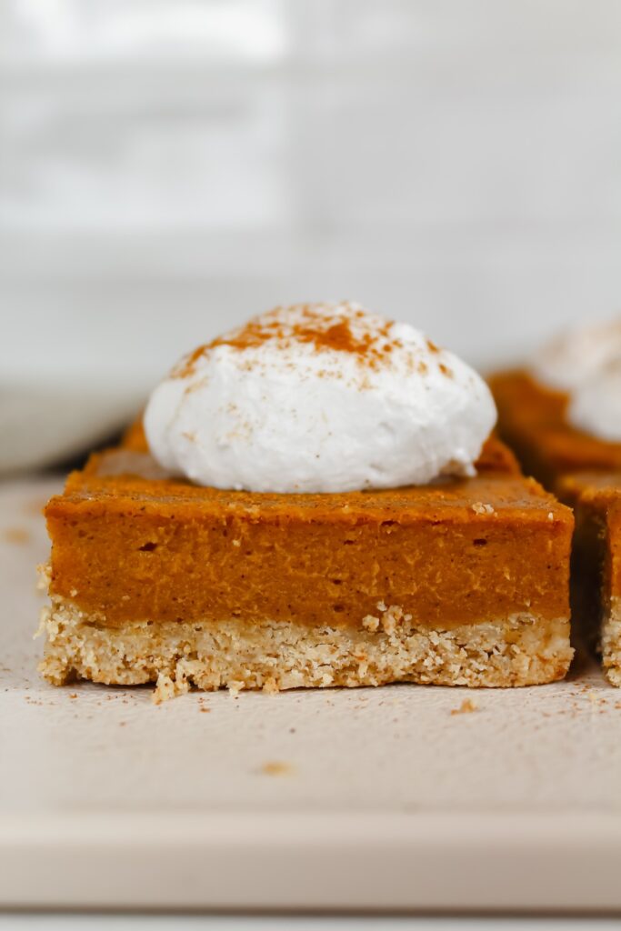 side view shot of a slice or sweet potato pie bar