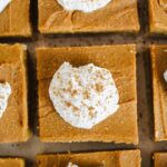 overview close up of healthy sweet potato pie bars and coconut whip on top