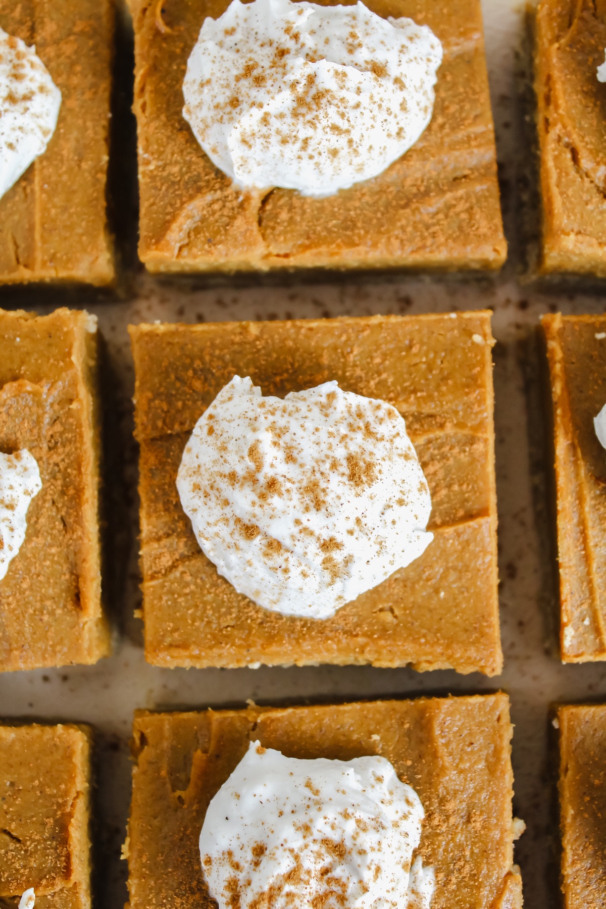 overview close up of healthy sweet potato pie bars and coconut whip on top