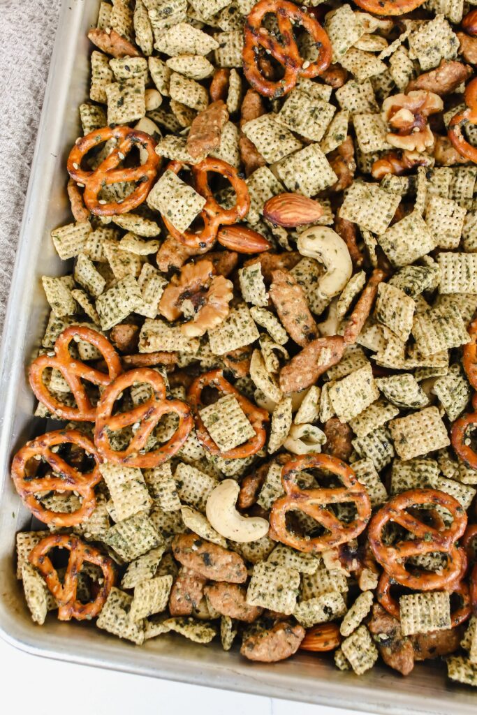 close up shot of corner of the pan of chex mix