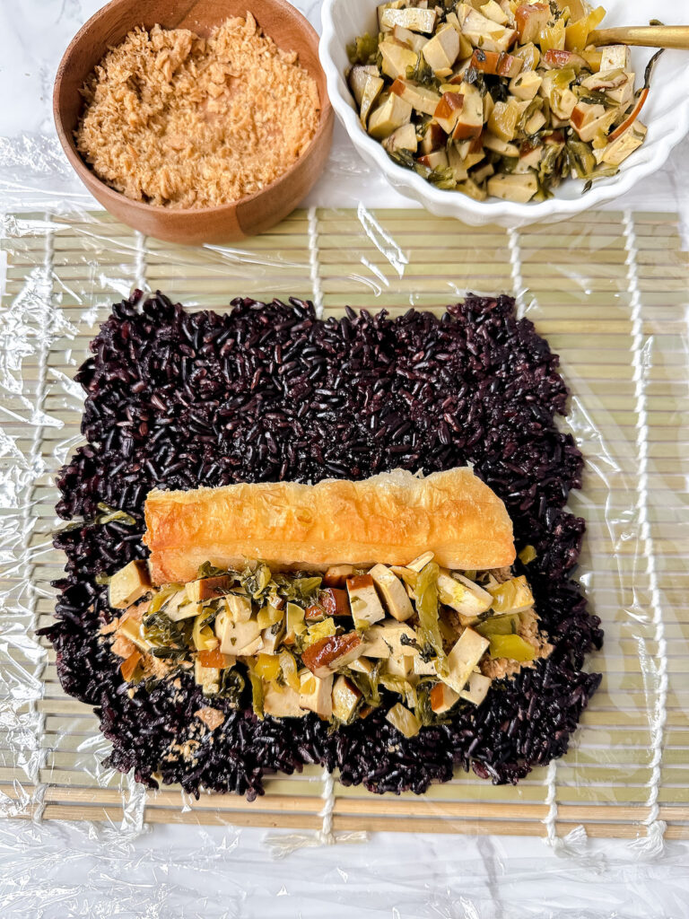 overview shot of purple sticky rice and filling