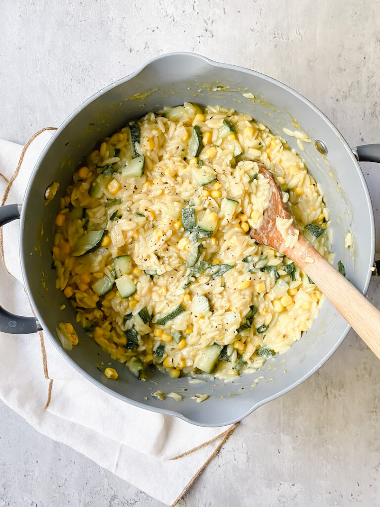 corn and zucchini orzo in the pot