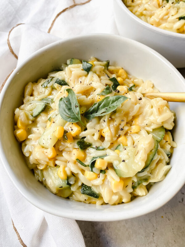 Creamy Vegan Lemon Corn and Zucchini Orzo - Nuts About Greens