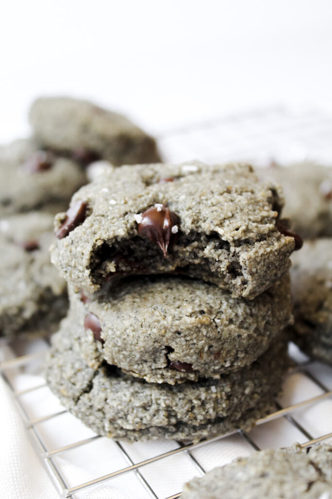 stack of black sesame chocolate chip cookies 